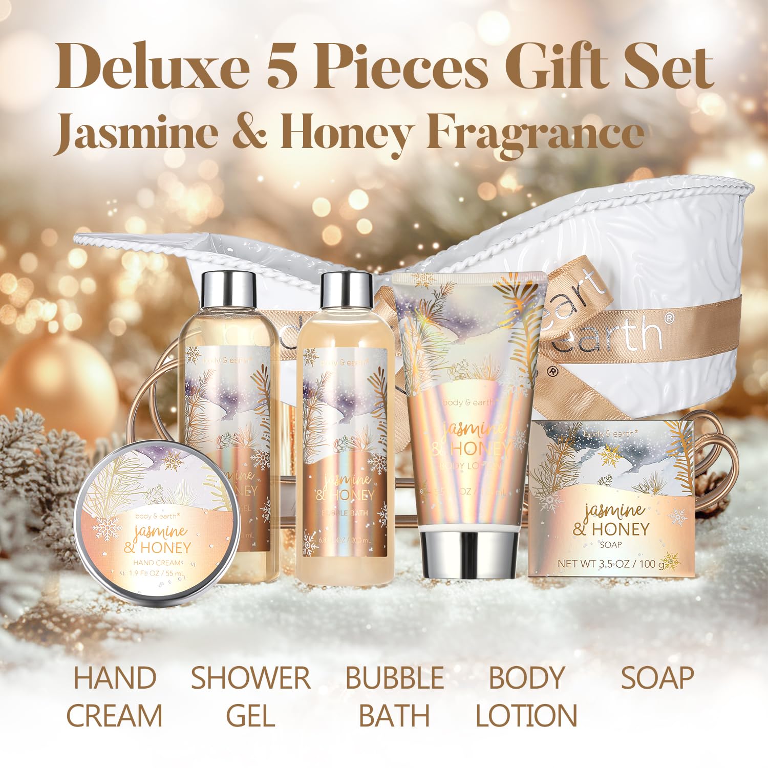 BODY & EARTH Jasmine & Honey Gift Set – New Year Spa Gift Basket for Women