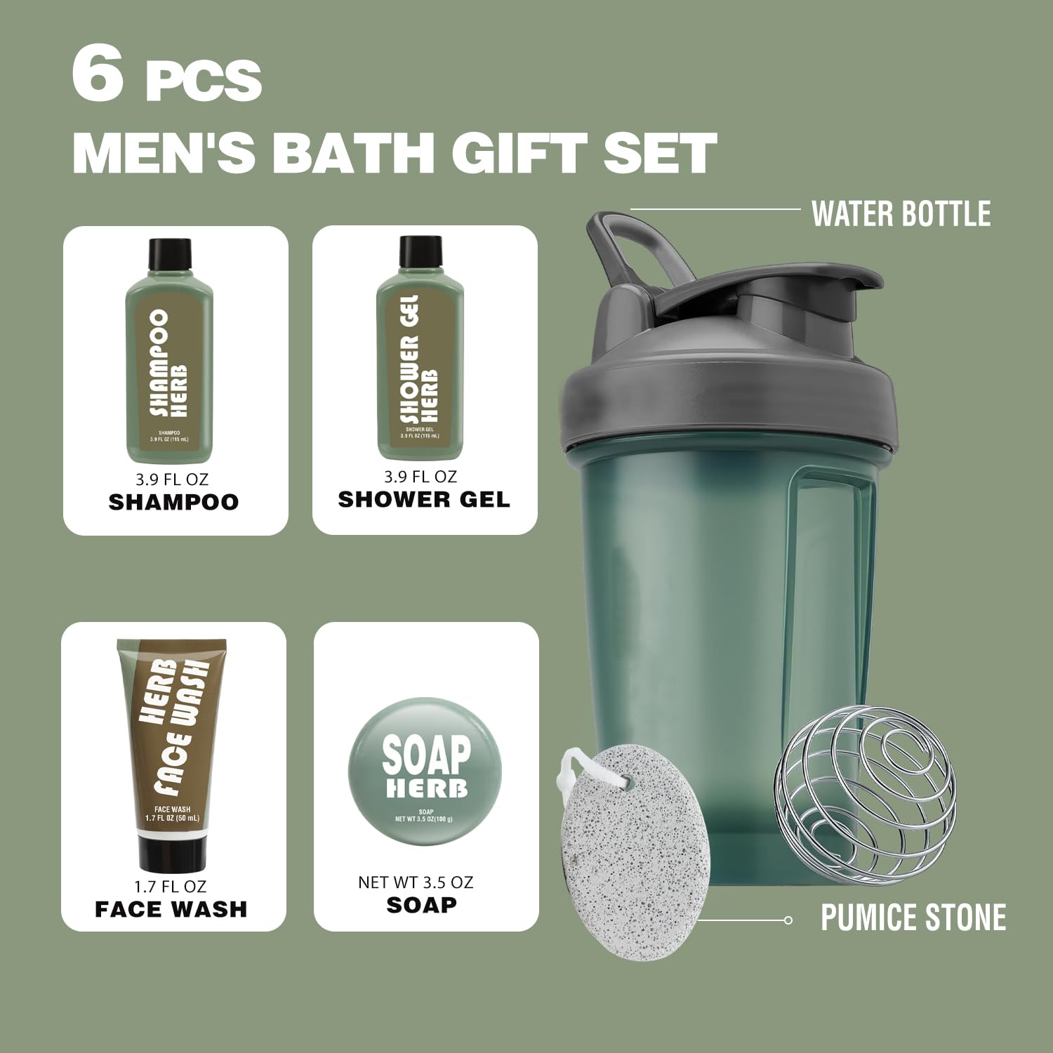 Body & Earth Men's Gift Set — 6Pcs Body Wash, Hydration Bottle, Fresh Herbal Scent