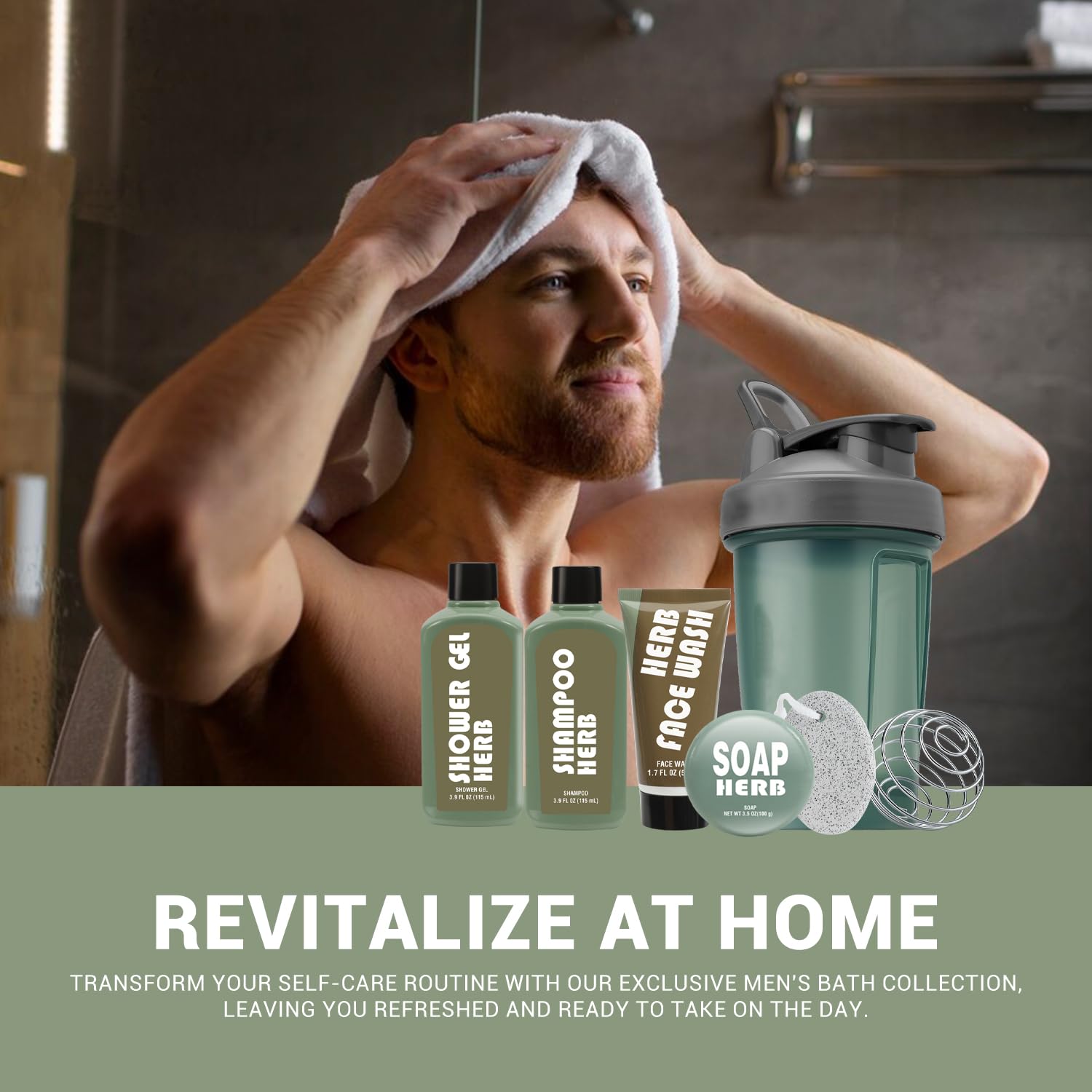 Body & Earth Men's Gift Set — 6Pcs Body Wash, Hydration Bottle, Fresh Herbal Scent