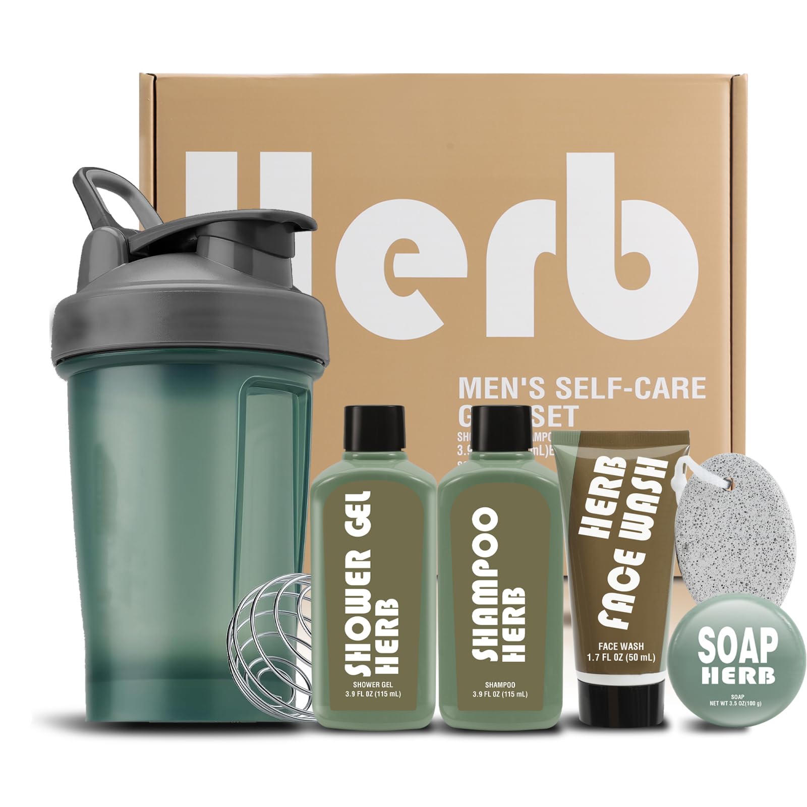 Body & Earth Men's Gift Set — 6Pcs Body Wash, Hydration Bottle, Fresh Herbal Scent