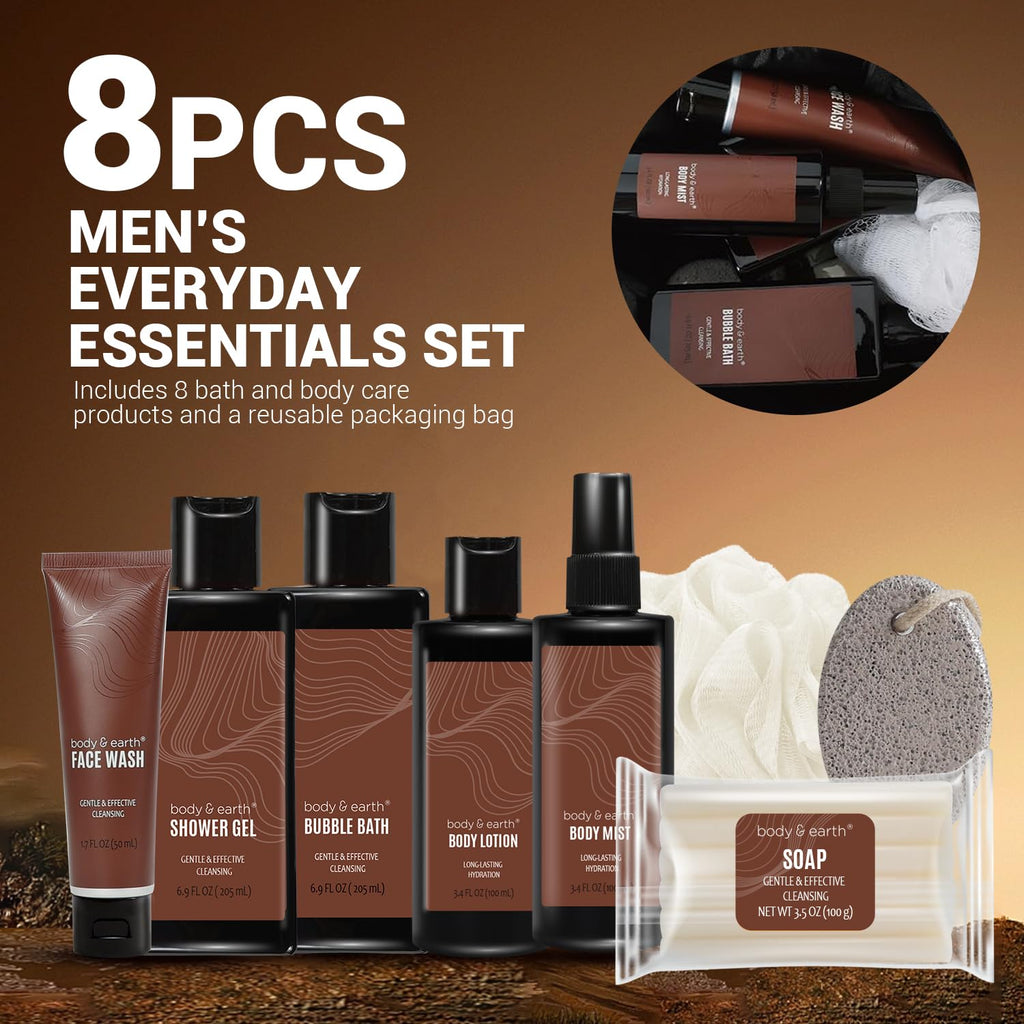 Body & Earth 8-Piece Bath & Body Wash Set for Men – Sandalwood Spa Gift Basket