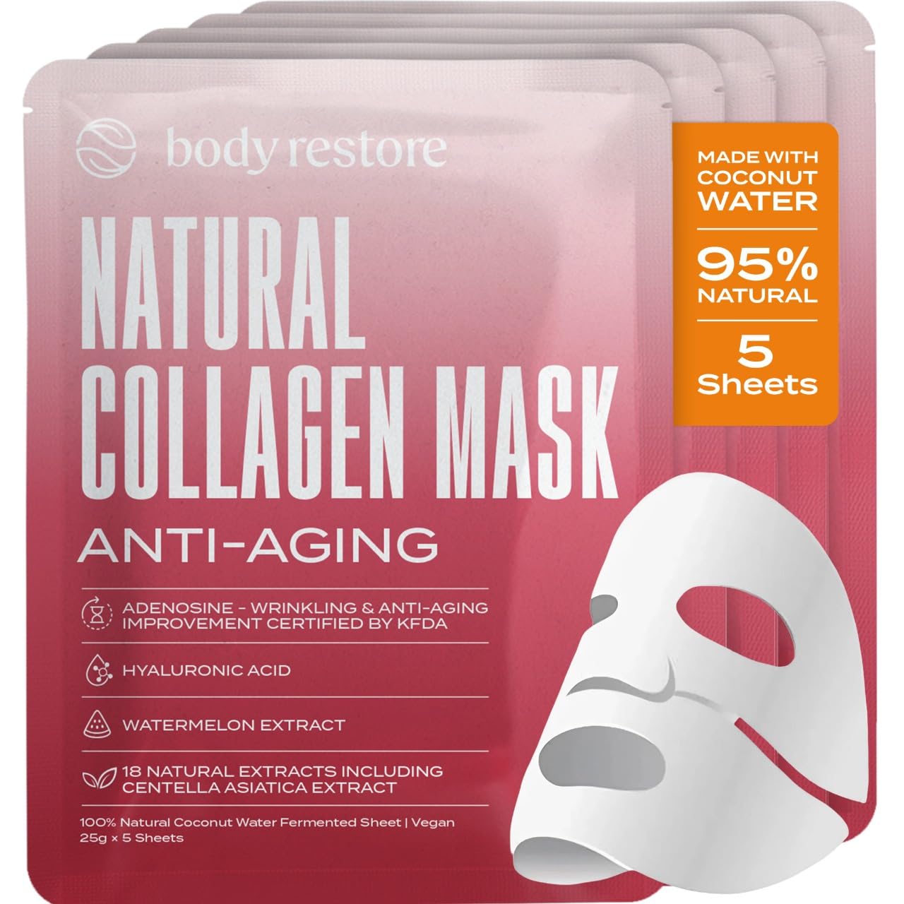 Body Restore Natural Collagen Face Mask 5 Pack – Hydration and Firming