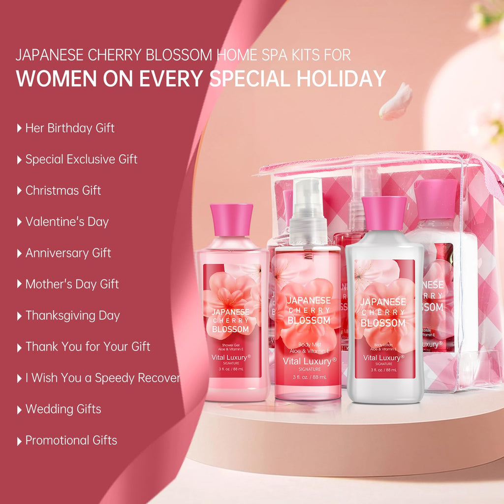 Bodybeau Japanese Cherry Blossom Bath Gift Set – Travel-Size Spa Kit