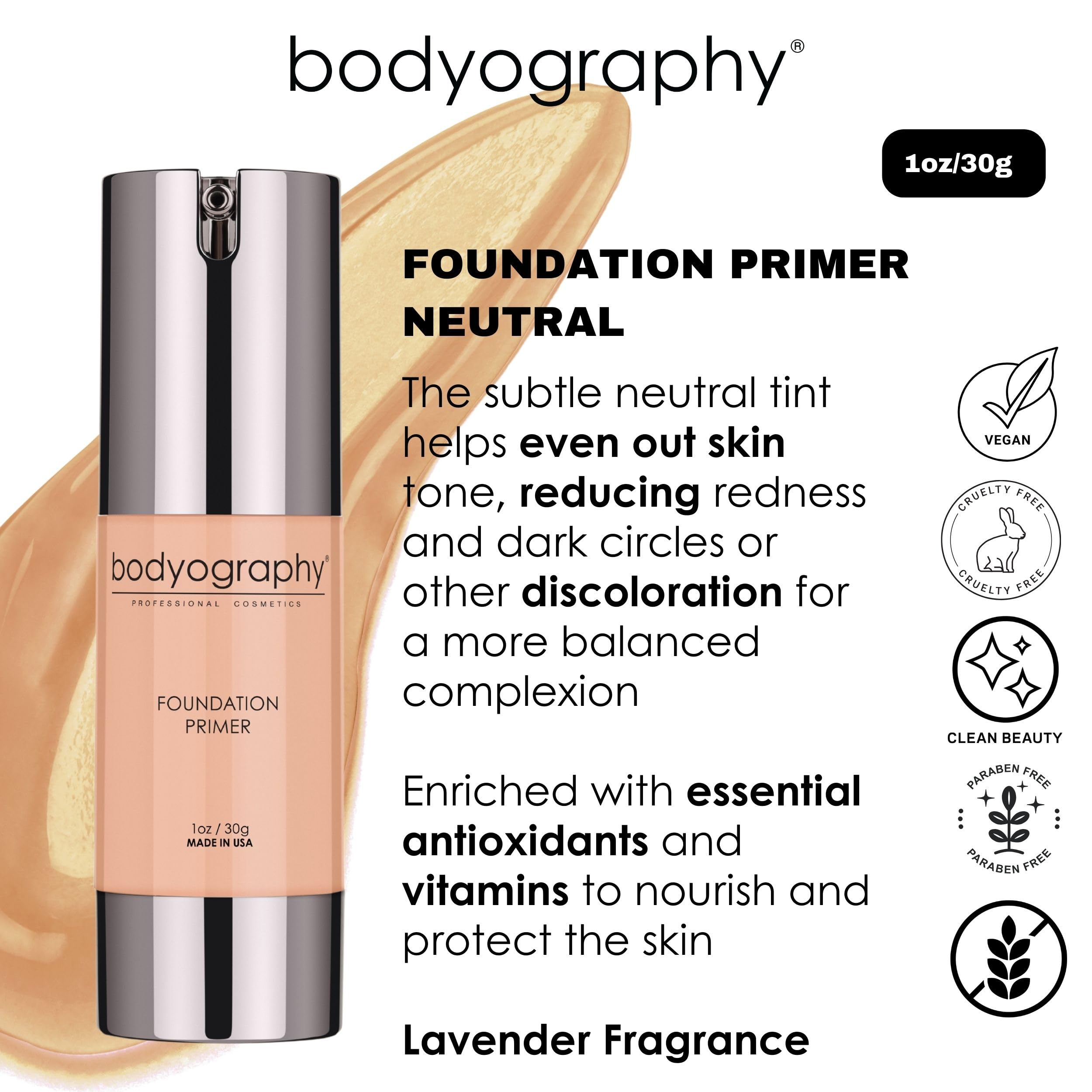 Bodyography Foundation Primer Neutral | Shine-Control Silky Base with Jojoba, Vitamin E, Grapeseed Oil