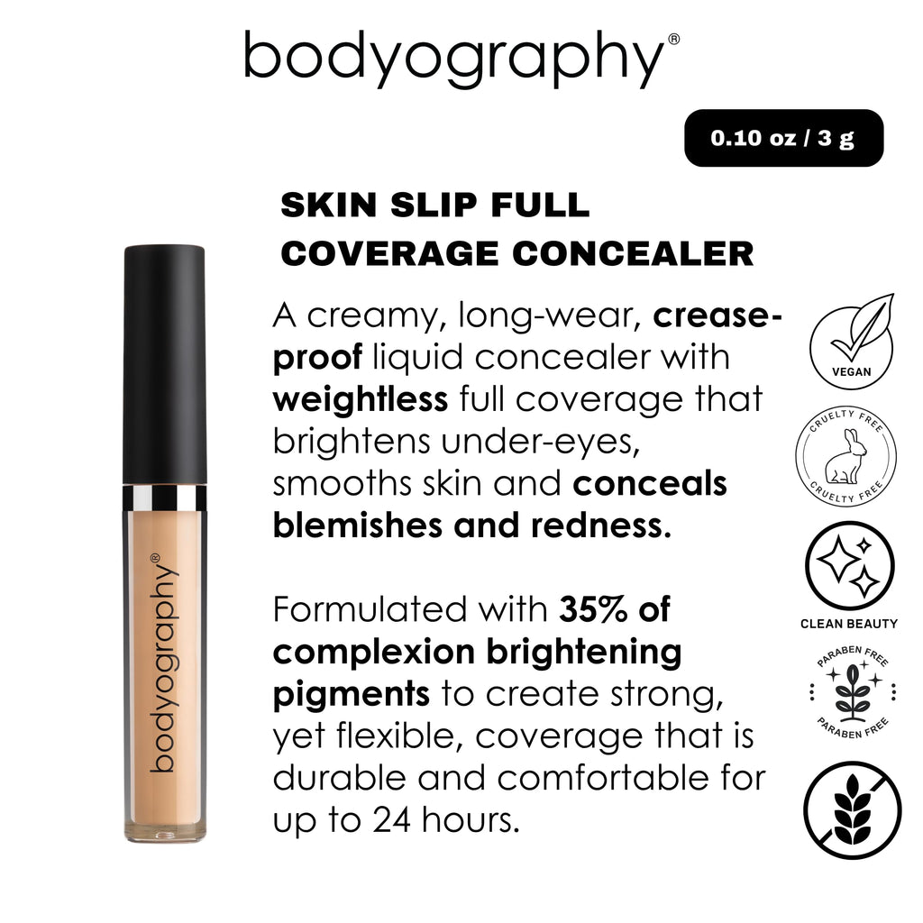 Bodyography Skin Slip Full-Coverage Concealer — 35% Pigment, Hydration, Satin Finish