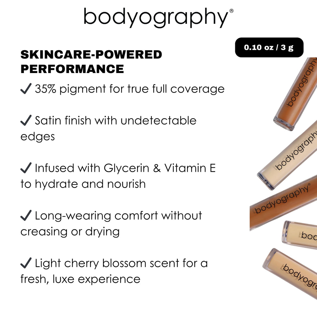 Bodyography Skin Slip Full-Coverage Concealer — Satin Finish, 35% Pigment, Hydration