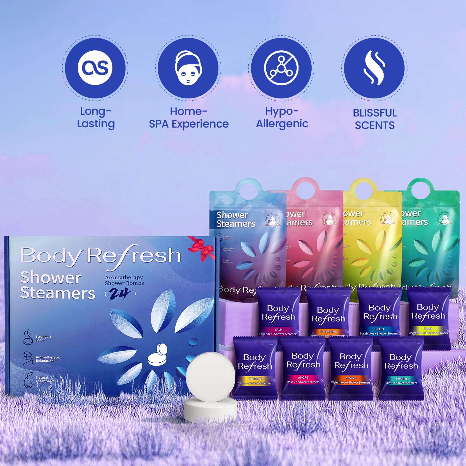 BodyRefresh Shower Steamers Aromatherapy – 24 Pack Essential Oil Shower Bombs
