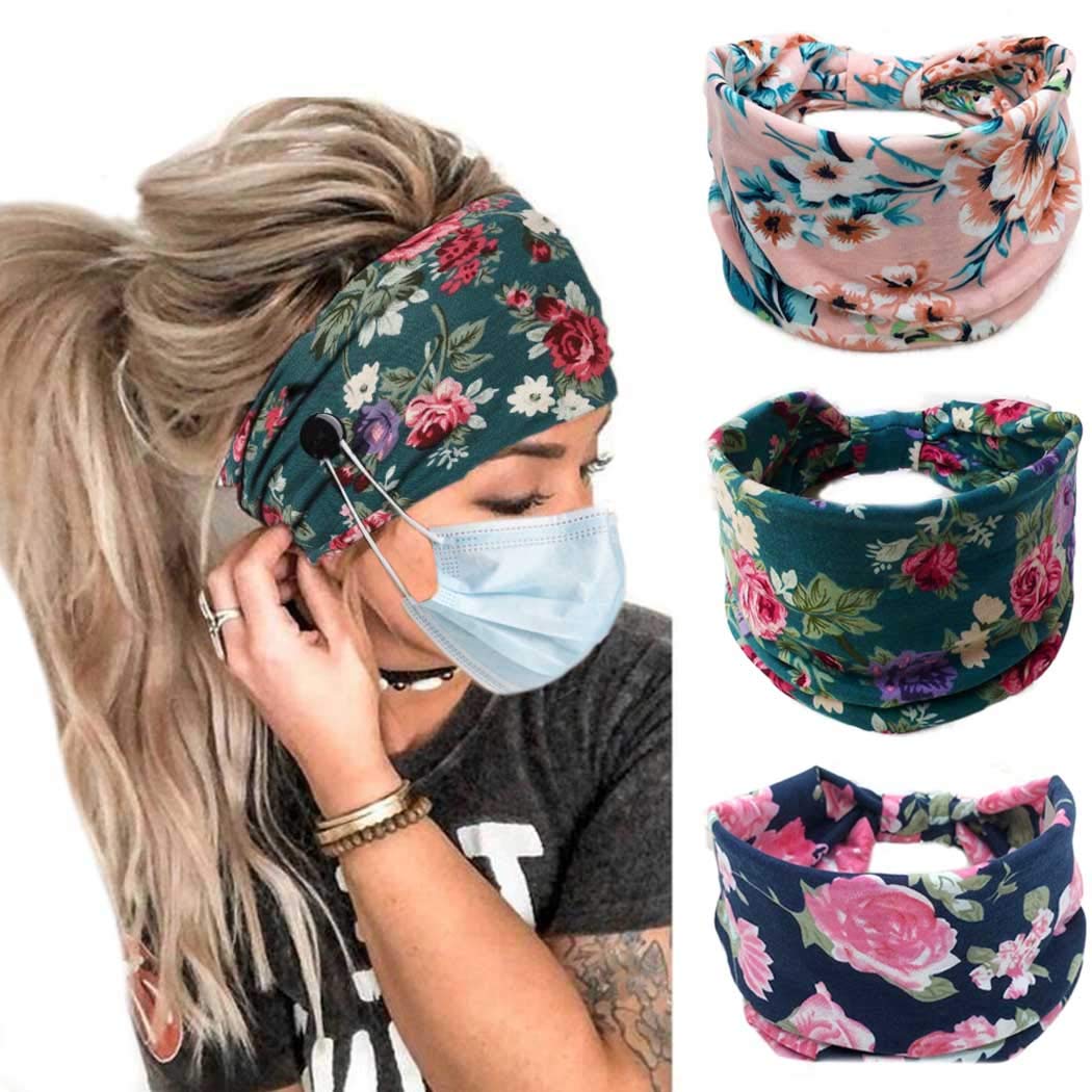 Bohend Boho Button Headbands with Mask Buttons – 3 Pack, Stretchy Cotton