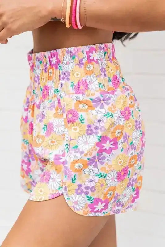 Boho Floral Shirred Casual Shorts