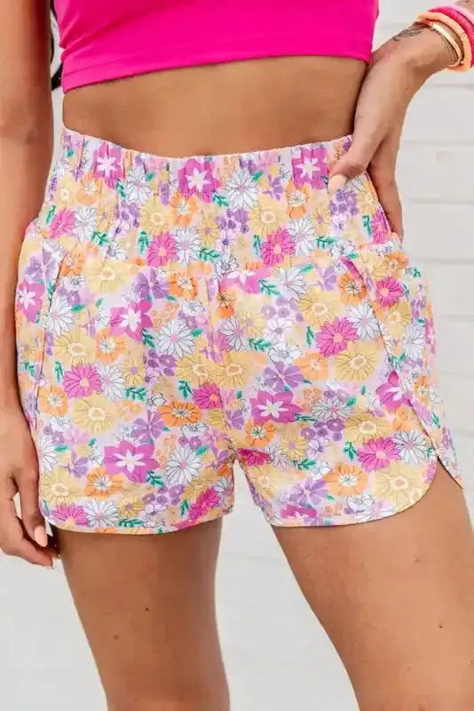 Boho Floral Shirred Casual Shorts
