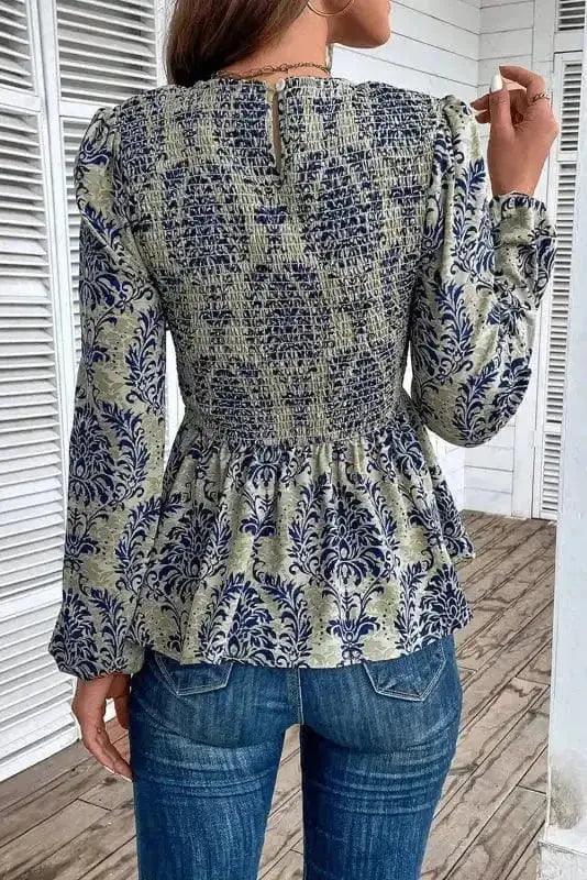 Floral Smocked Peplum Balloon Sleeve Blouse Women UK | Boho