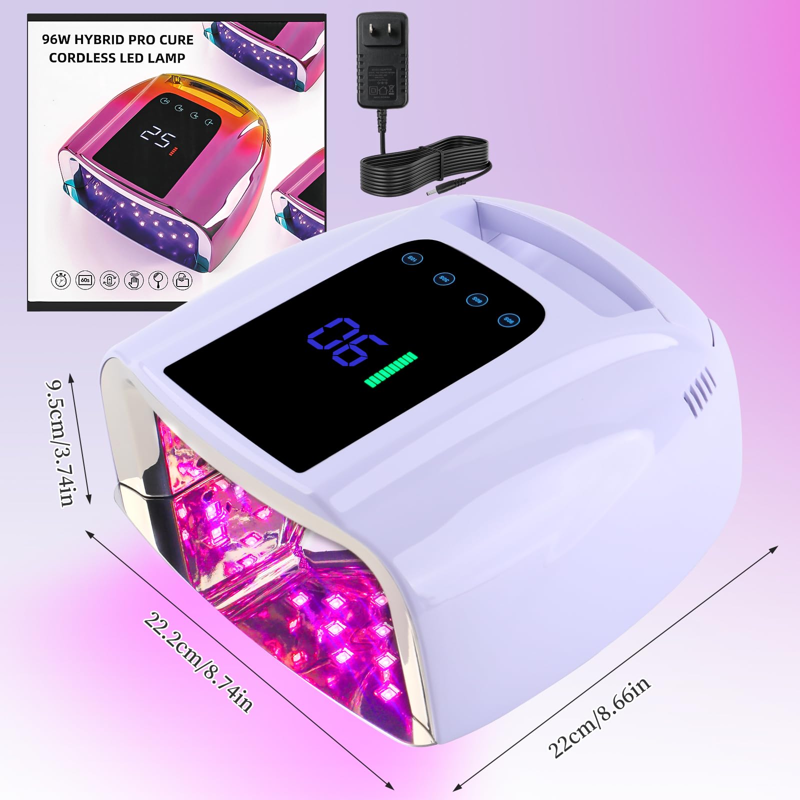 BOMOQING 96W Rechargeable UV LED Nail Lamp with LCD Display, Cordless, 4 Timer Settings - Violet