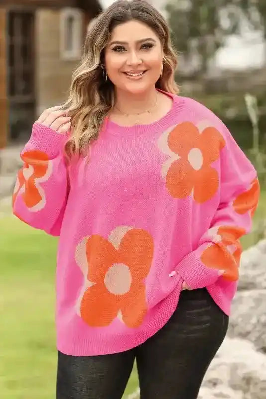 Plus Size Floral Sweater Women UK | Red Khaki S–3XL