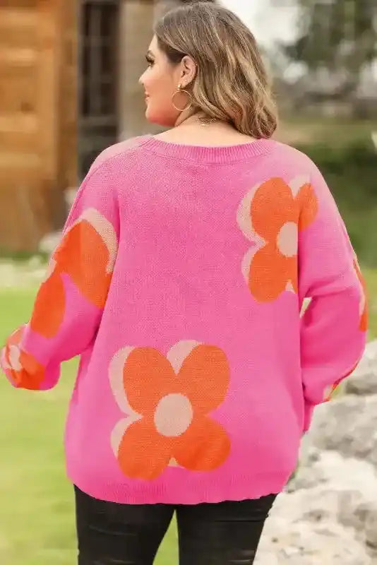 Plus Size Floral Sweater Women UK | Red Khaki S–3XL