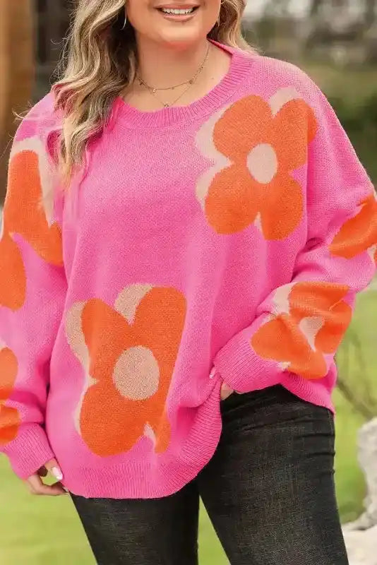 Plus Size Floral Sweater Women UK | Red Khaki S–3XL