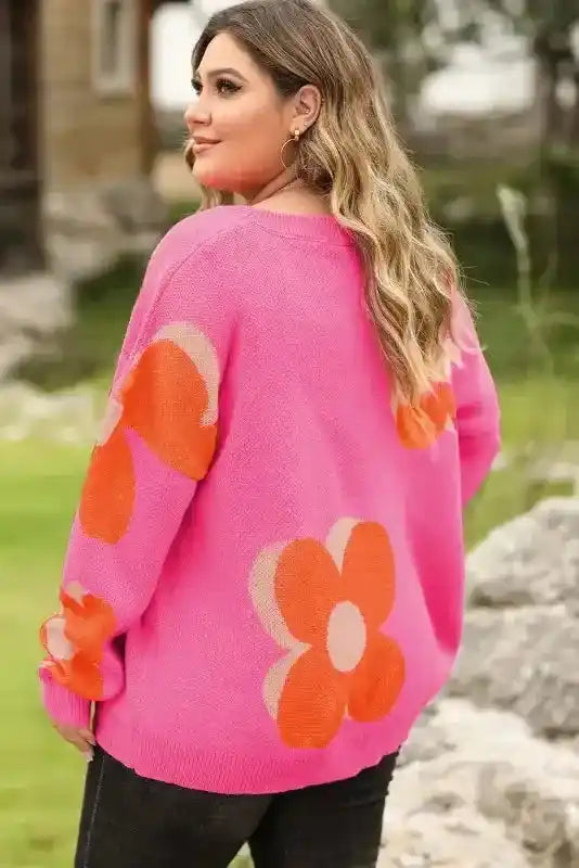 Plus Size Floral Sweater Women UK | Red Khaki S–3XL