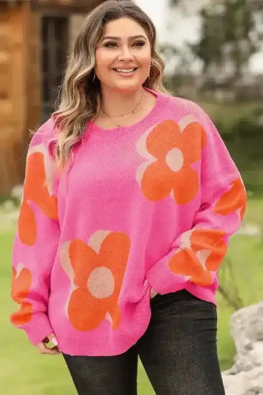 Plus Size Floral Sweater Women UK | Red Khaki S–3XL