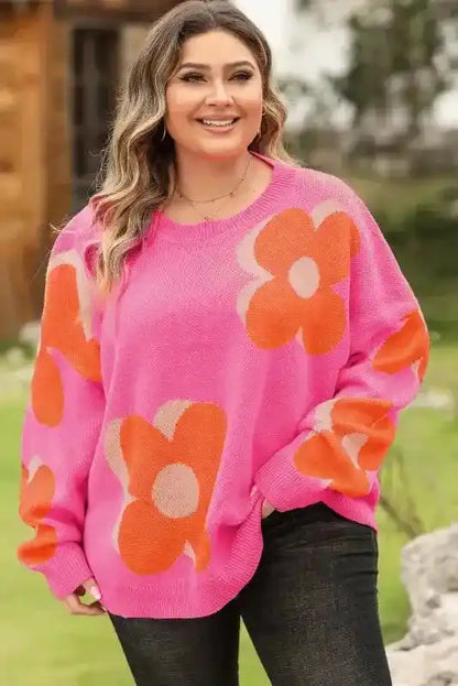Plus Size Floral Sweater Women UK | Red Khaki S–3XL