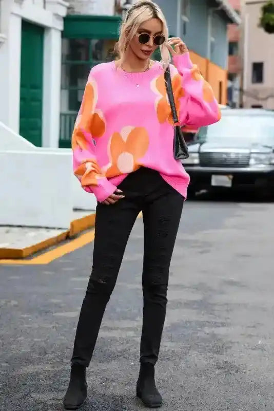 Plus Size Floral Sweater Women UK | Red Khaki S–3XL