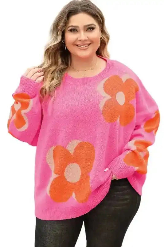 Plus Size Floral Sweater Women UK | Red Khaki S–3XL