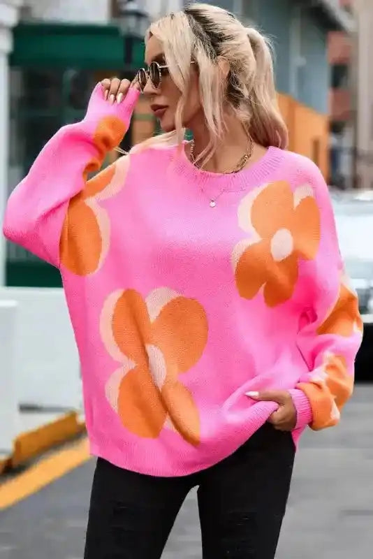 Plus Size Floral Sweater Women UK | Red Khaki S–3XL