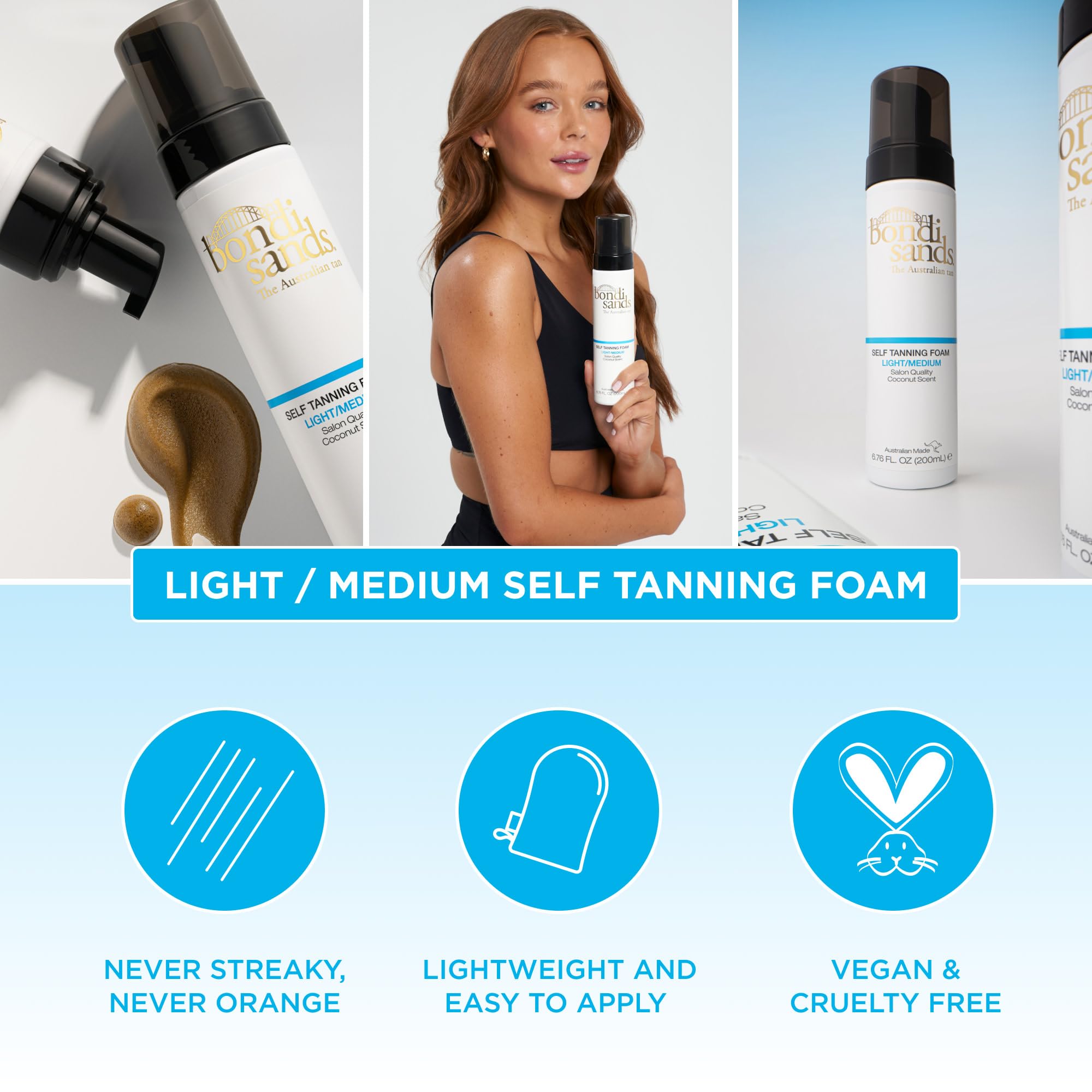 Bondi Sands Light/Medium Self Tanning Foam + Reusable Application Mitt — Flawless, Streak-Free Bronze