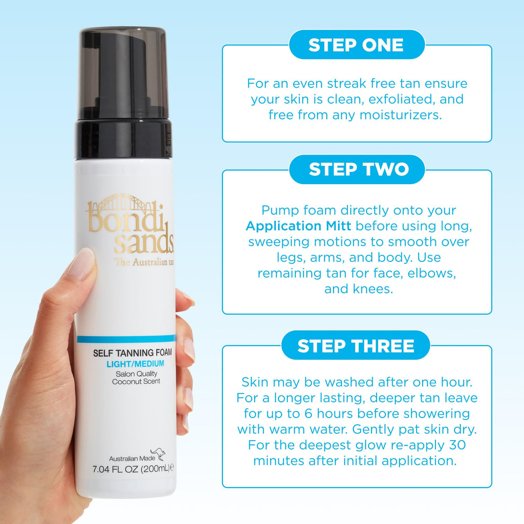 Bondi Sands Light/Medium Self Tanning Foam + Reusable Application Mitt — Flawless, Streak-Free Bronze