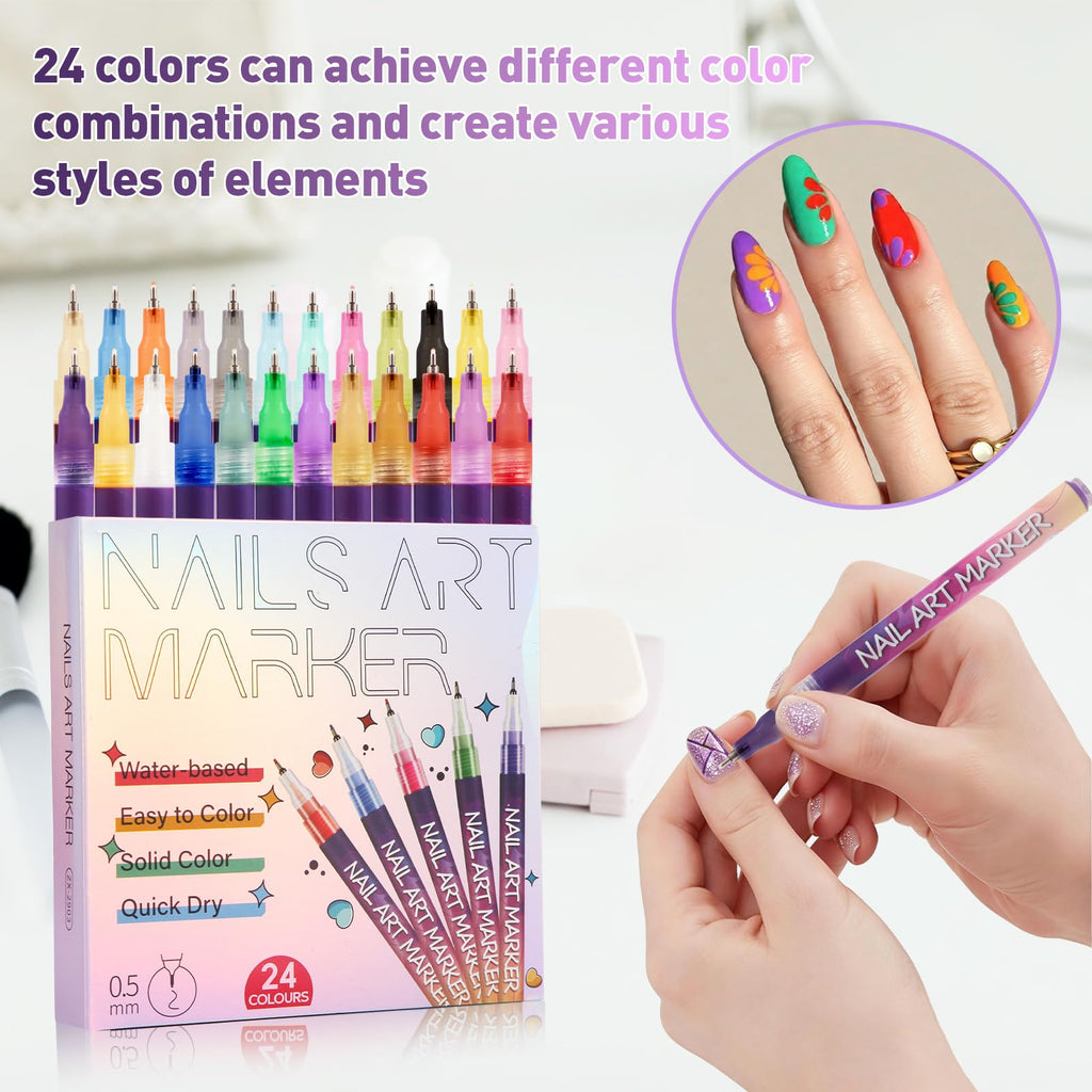 BONTOP Nail Art Pens – 24 Colors, 0.5mm Tip, Waterproof & Quick-Drying