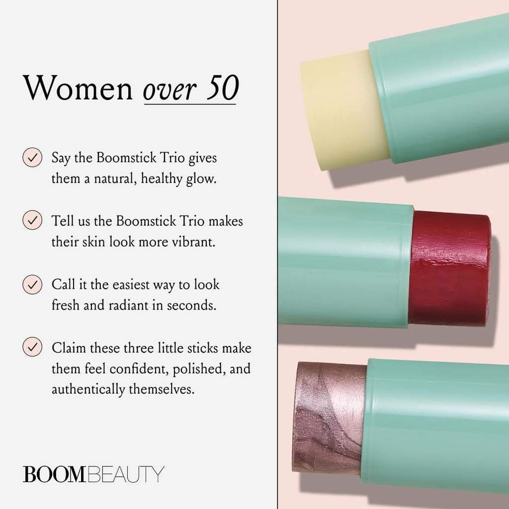Boomstick Trio Color 3 Pack — Cream Blush, Highlighter & Moisturizer for Mature Skin | BOOM! by Cindy Joseph