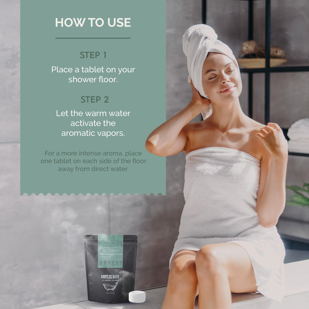 BOOTLEG BATH Shower Steamers - Eucalyptus Aromatherapy 15-Pack, All Natural, Made in USA