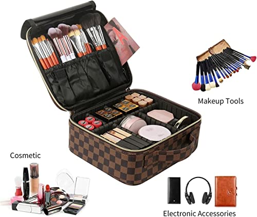 Bopomofo Makeup Bag Set 3 Pcs - Brown Checkered, Portable Organizer with Adjustable Partition