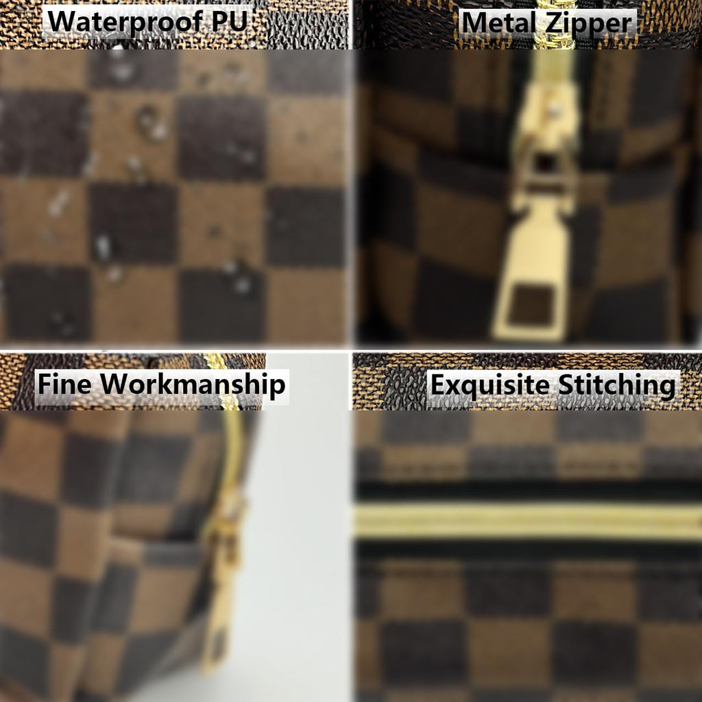 Bopomofo Brown Checkered Cosmetic Bag 3 Pack | 1 Big Pouch, 1 Makeup Brushes Holder, 1 Coin Purse | Lightweight Waterproof Travel Organizer