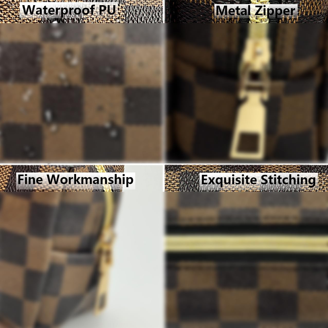 Bopomofo Brown Checkered Cosmetic Bag 3 Pack | 1 Big Pouch, 1 Makeup Brushes Holder, 1 Coin Purse | Lightweight Waterproof Travel Organizer