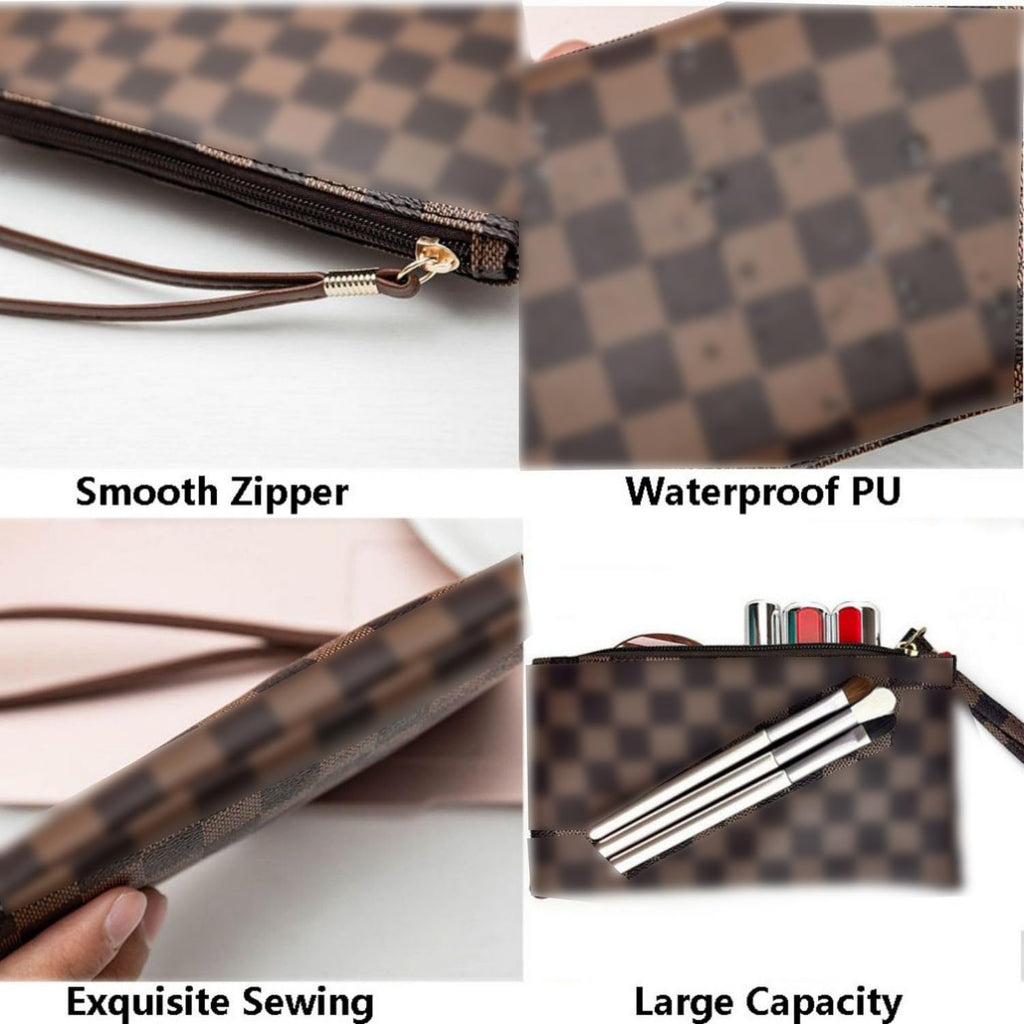 Bopomofo Brown Checkered Cosmetic Bag 3 Pack | 1 Big Pouch, 1 Makeup Brushes Holder, 1 Coin Purse | Lightweight Waterproof Travel Organizer