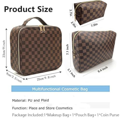 Bopomofo Makeup Bag Set 3 Pcs - Brown Checkered, Portable Organizer with Adjustable Partition