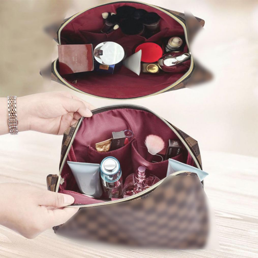 bopomofo Brown Checkered Cosmetic Bag 3 Pack – Large Pouch, Brush Holder & Coin Purse, Lightweight & Waterproof