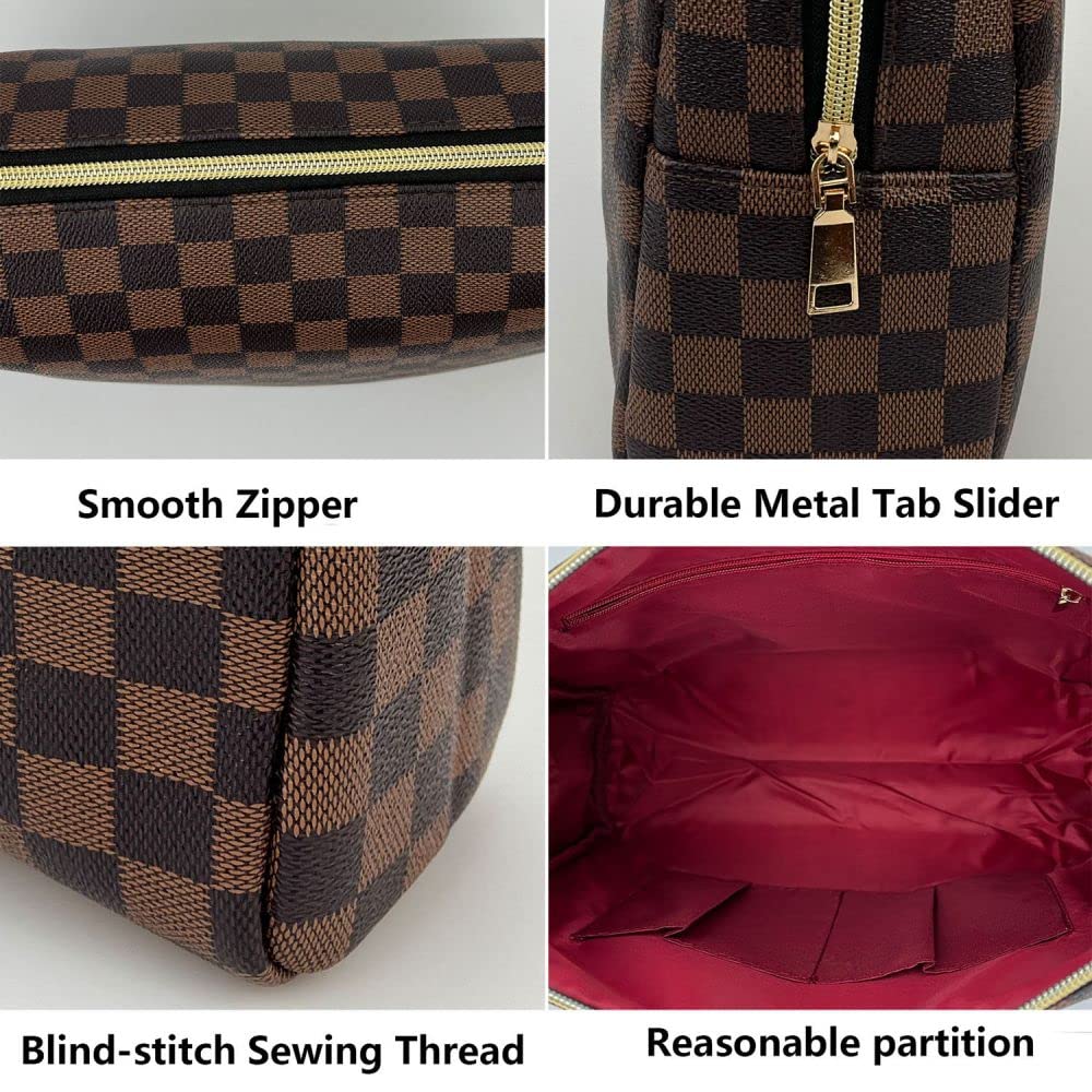 bopomofo Brown Checkered Cosmetic Bag 3 Pack – Large Pouch, Brush Holder & Coin Purse, Lightweight & Waterproof