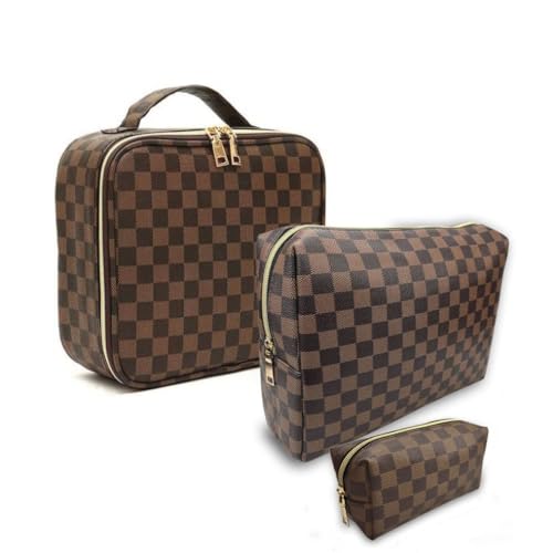 Bopomofo Makeup Bag Set 3 Pcs - Brown Checkered, Portable Organizer with Adjustable Partition