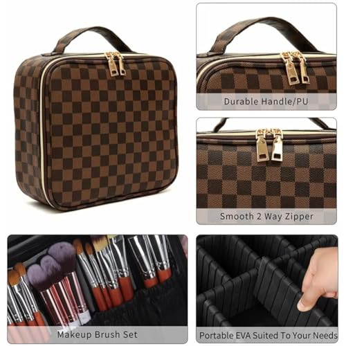 Bopomofo Makeup Bag Set 3 Pcs - Brown Checkered, Portable Organizer with Adjustable Partition