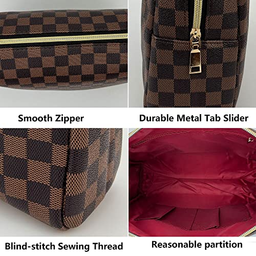 Bopomofo Makeup Bag Set 3 Pcs - Brown Checkered, Portable Organizer with Adjustable Partition