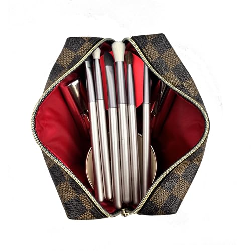 Bopomofo Makeup Bag Set 3 Pcs - Brown Checkered, Portable Organizer with Adjustable Partition