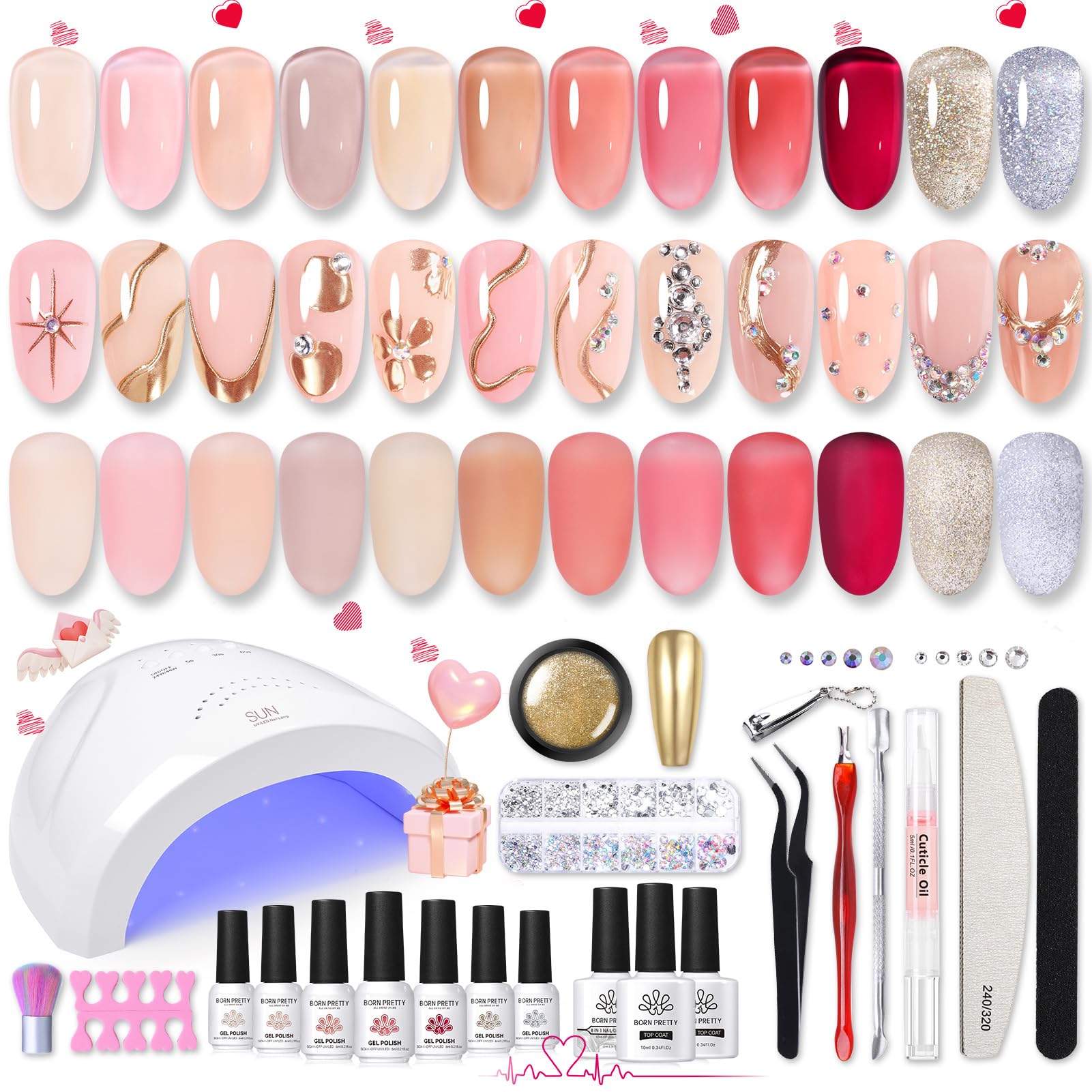 Born Pretty Jelly Gel Nail Polish Kit – 28Pcs with 48W UV Lamp, 12 Colors + Base/Top Coat