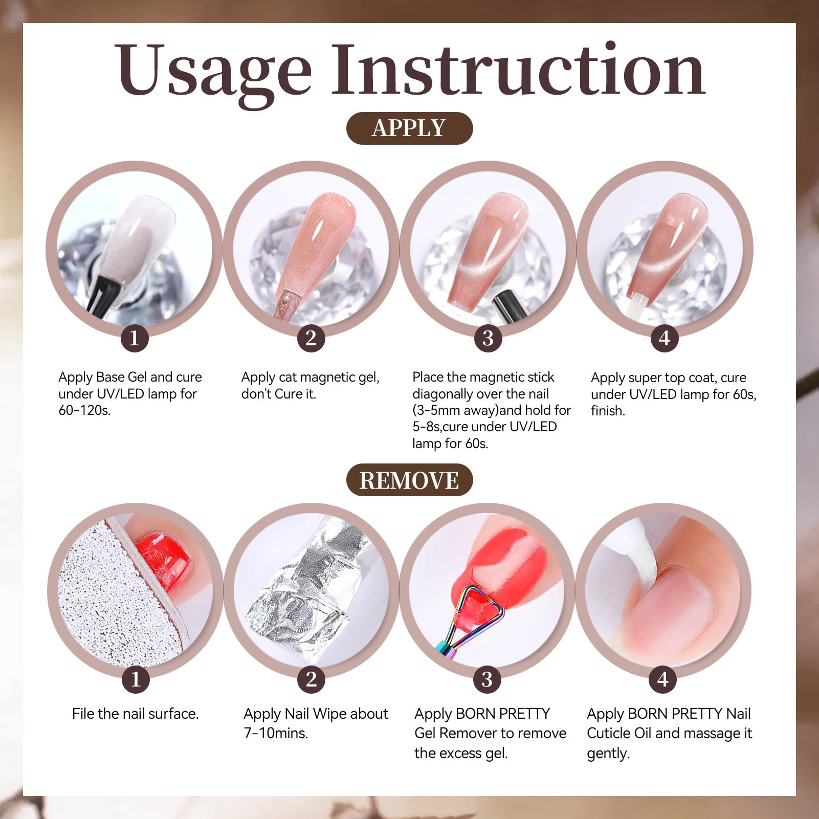 Born Pretty Cat Magnetic Eye Gel Nail Polish Set — 6 Glitter Colors, 7ml, HEMA & TPO Free