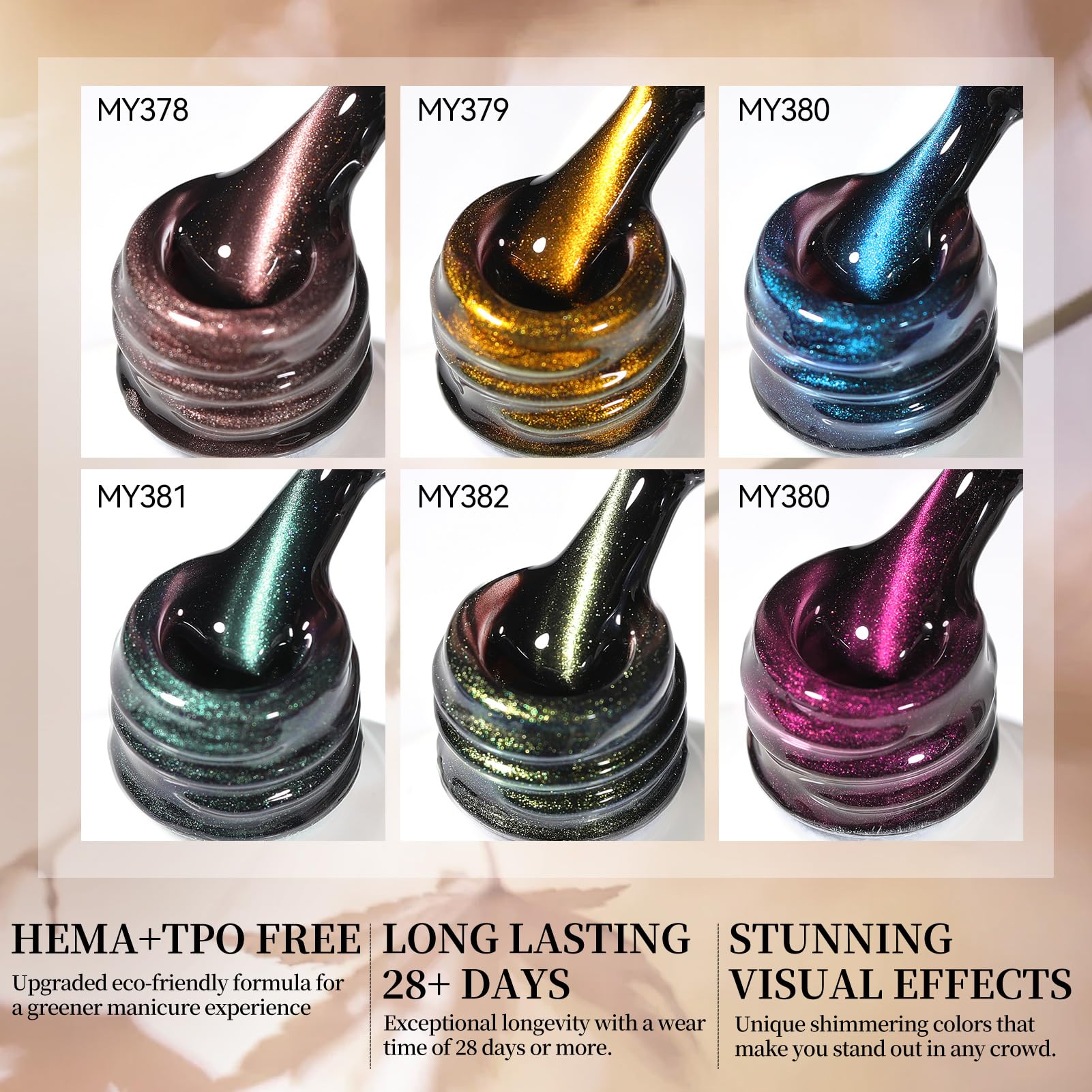 Born Pretty Cat Magnetic Eye Gel Nail Polish Set — 6 Glitter Colors, 7ml, HEMA & TPO Free