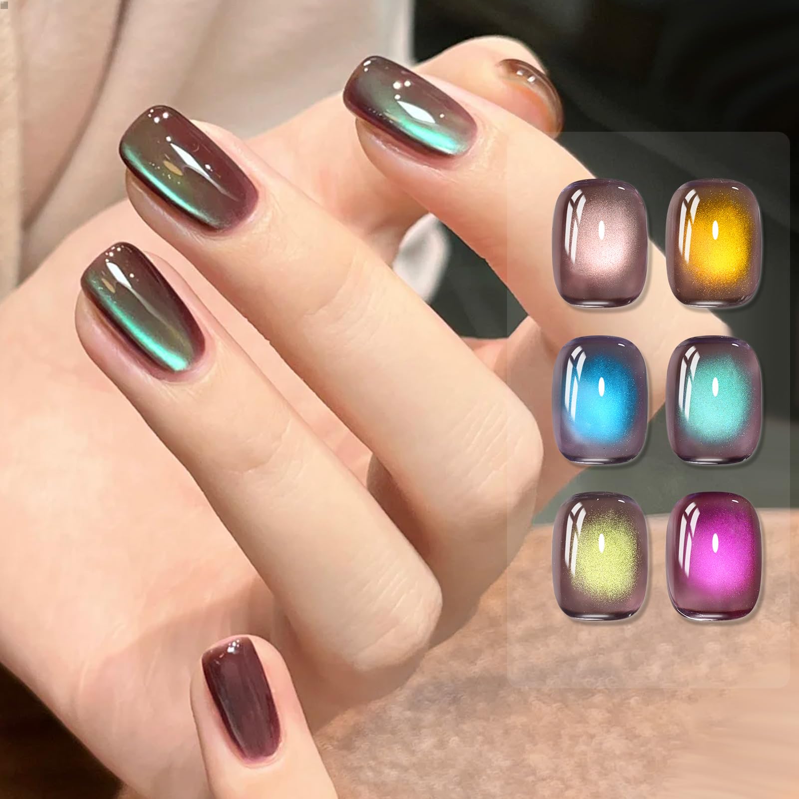 Born Pretty Cat Magnetic Eye Gel Nail Polish Set — 6 Glitter Colors, 7ml, HEMA & TPO Free