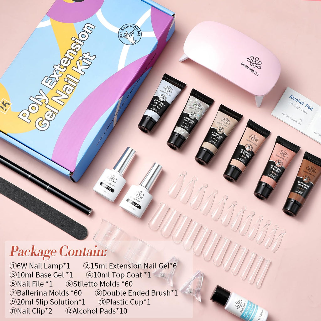 Born Pretty Extension Nail Gel Kit – 6 Colors, All-In-1 Set with UV Lamp, Base & Top Coat
