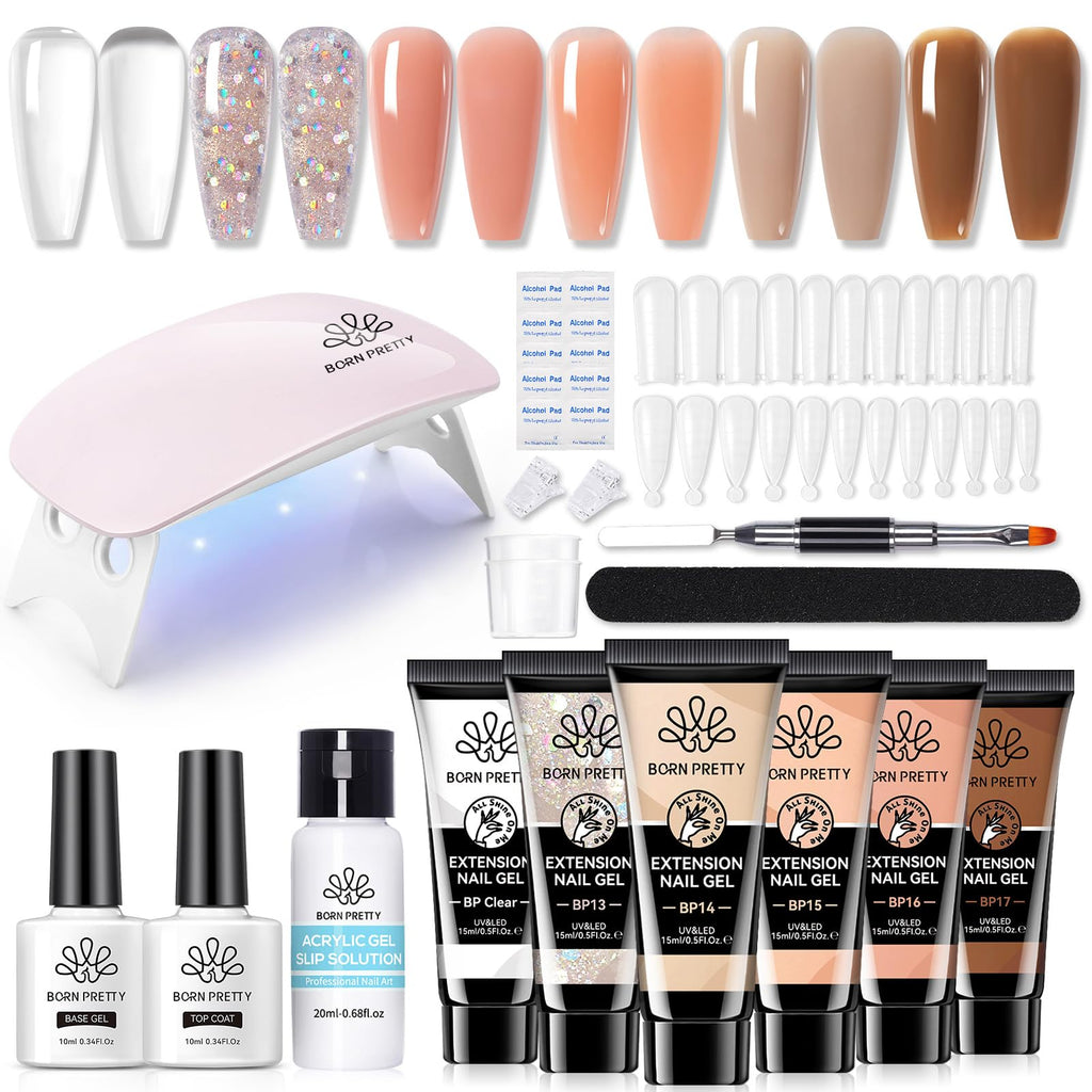 Born Pretty Extension Nail Gel Kit – 6 Colors, All-In-1 Set with UV Lamp, Base & Top Coat