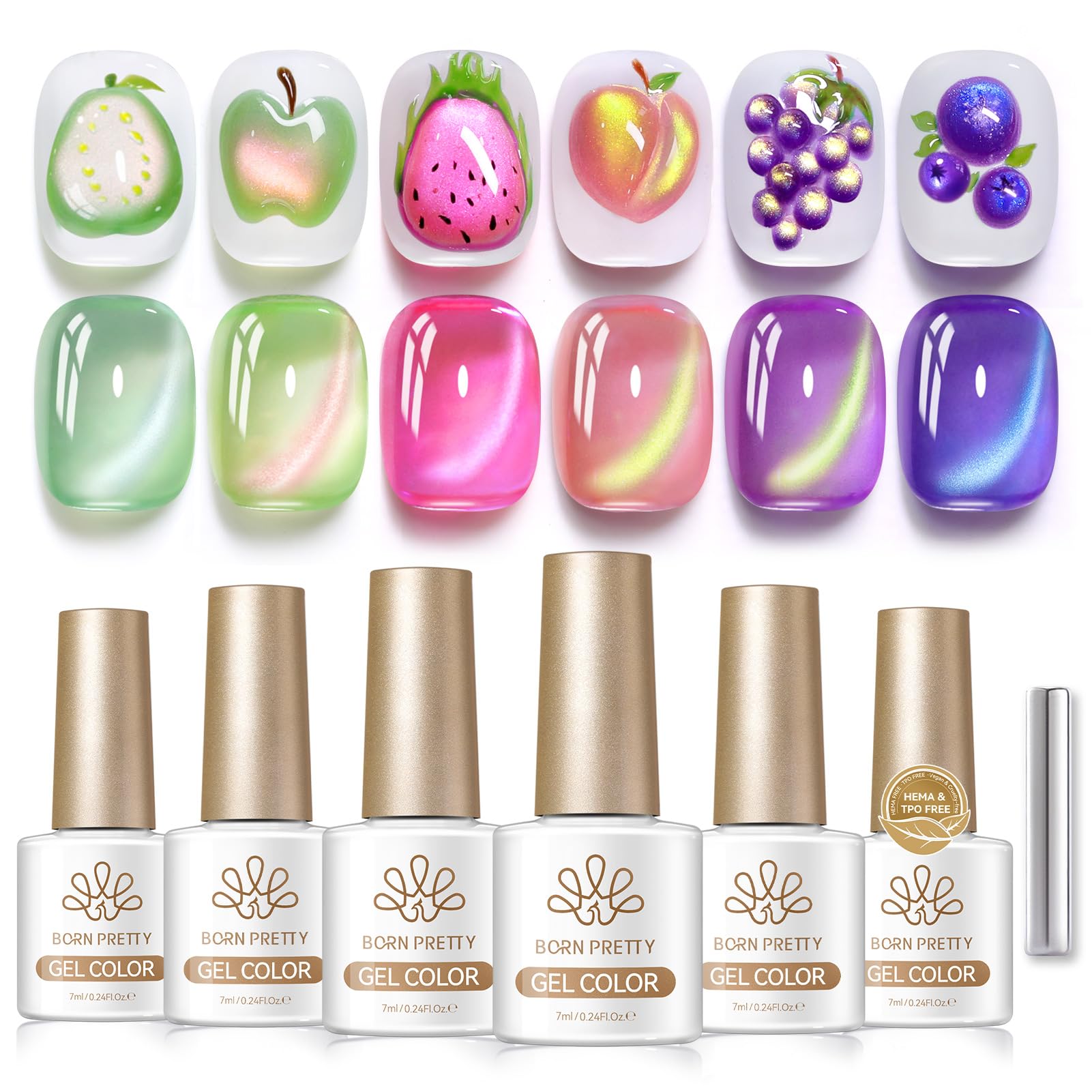 Born Pretty Fruit Colors Cat Magnetic Eye Gel Nail Polish Set – 6 Colors, 7ml
