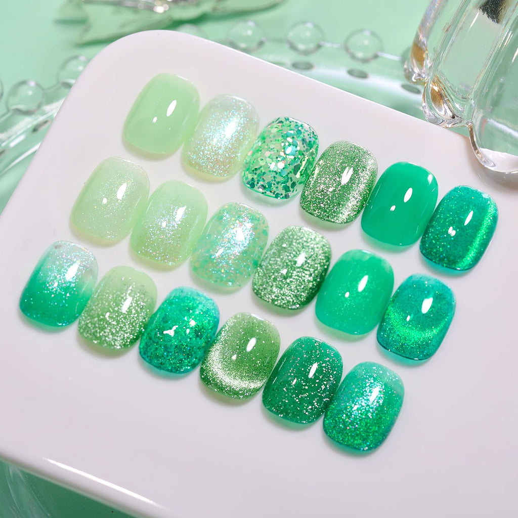 Born Pretty Green Gel Nail Polish Kit: Jelly, Cat Magnetic Eye & Glitter Holographic Finishes