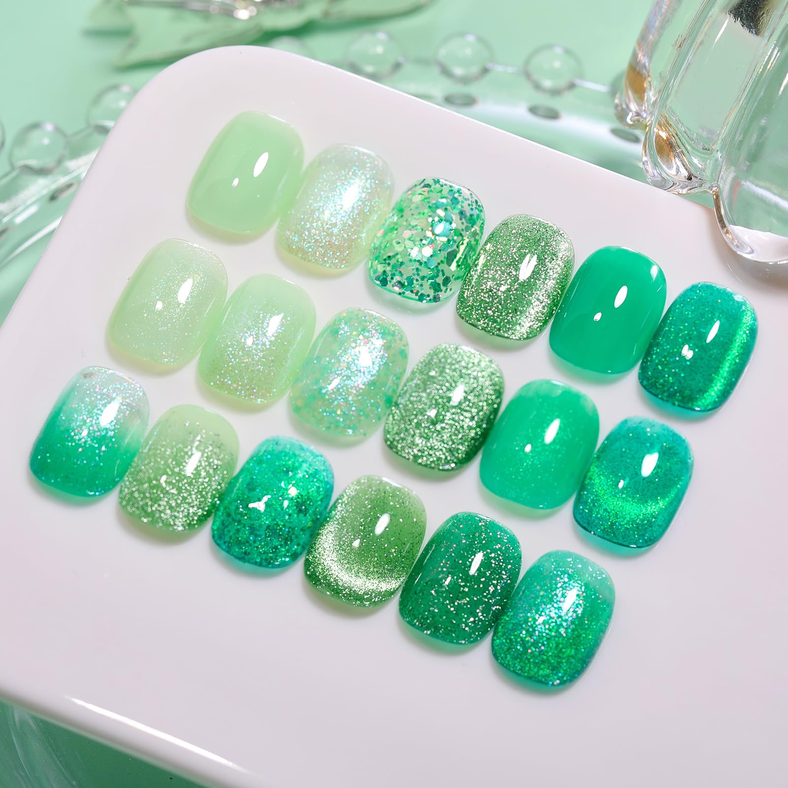 Born Pretty Green Gel Nail Polish Kit: Jelly, Cat Magnetic Eye & Glitter Holographic Finishes